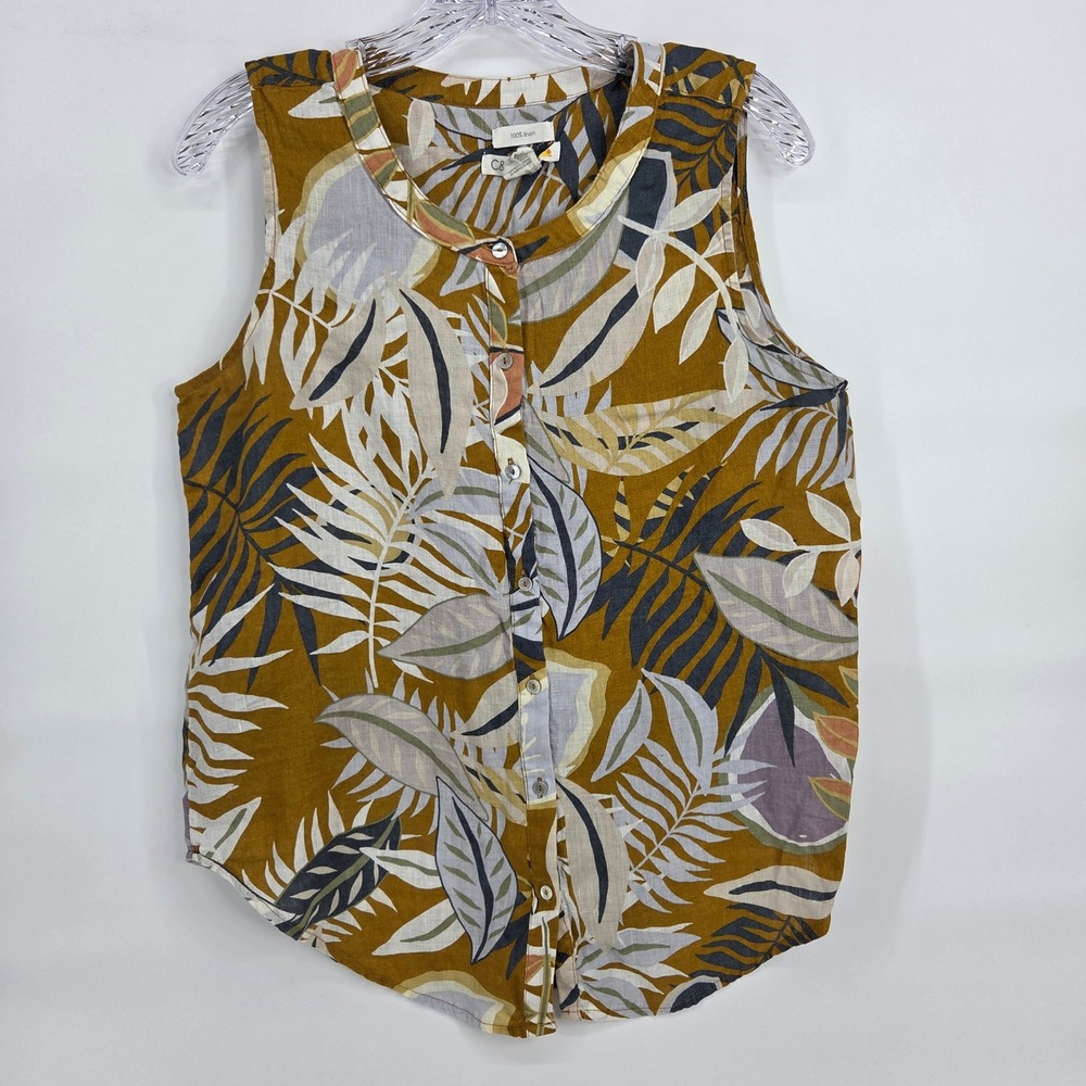 C&C California Linen Tank Top M Mustard Yellow Tropical Boho Art-inspired Shell